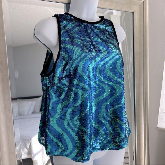 ZARA WOMAN SEQUINNED TOP WITH TRIMS BLUE / GREEN SIZE M. - Picture 3 of 9